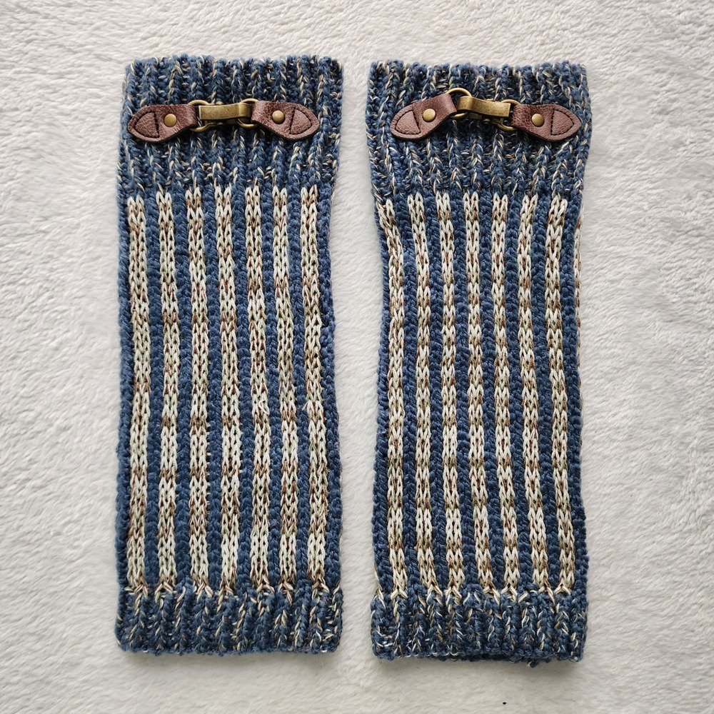 Simply Noelle Fingerless Gloves Blue Striped Buckle Knit Arm Warmers Cotton Boho